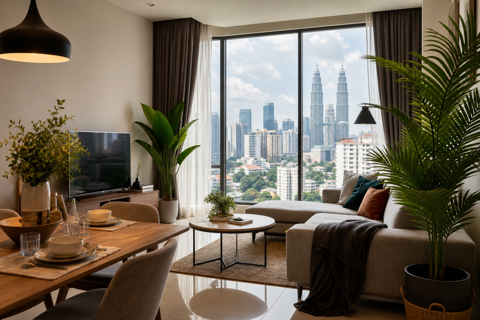 Modern serviced apartment living room with city view
